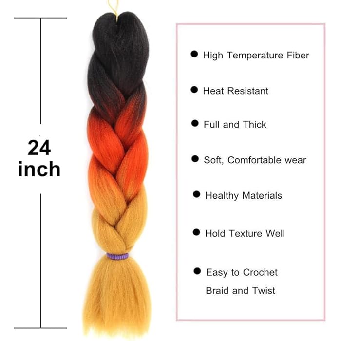 Generic 3 Pieces Jumbo Braiding Hair Extension Rainbow Braids Heat Resistant Synthetic African Braids Crochet Twist Braiding Hair Extension Black/Orange/Gold - Image 2